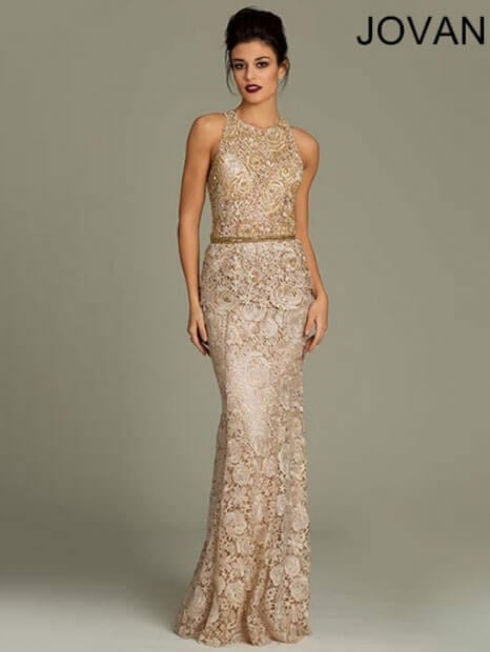 Jovani Size 6 Nude Champagne Sequin Lace Evening Gown